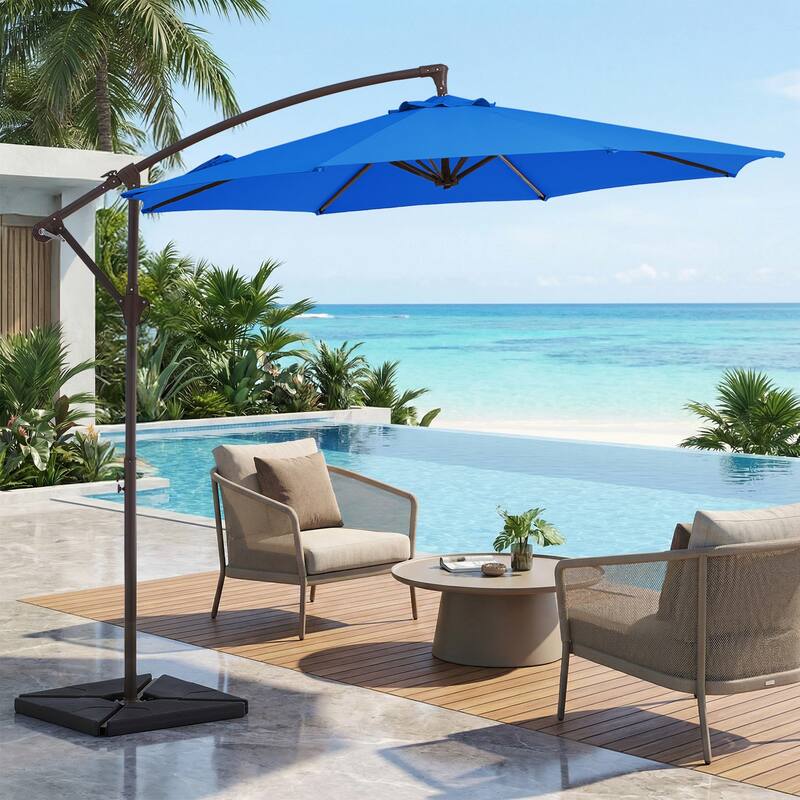 10 ft Steel Crank-lift Cantilever Umbrella With Weighted Base - Blue