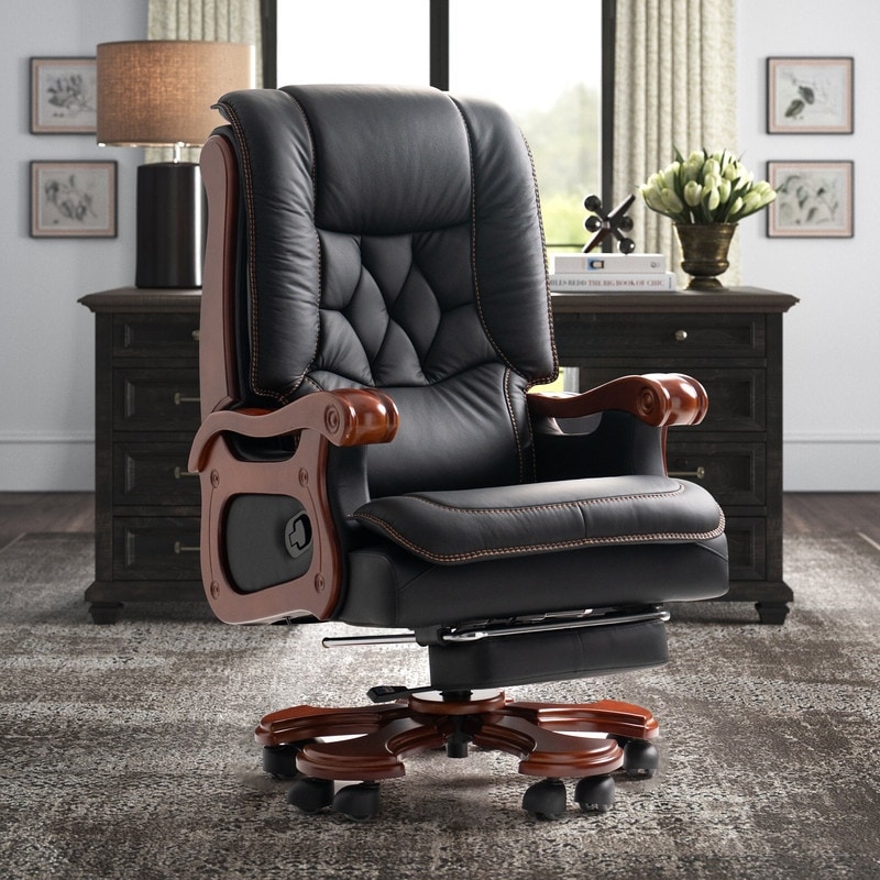  Kinnls Vane Massage Office Chair with Footrest,Ergonomic  Management Executive Fully Reclining Office Chair Double Thickened  Upholstered Genuine Leather Home Desk Chairs (Black) : Office Products