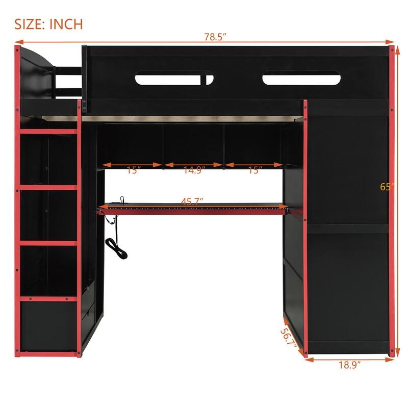 Full Size Gaming Loft Bed with Bulit-in Desk and Wardrobe, Wooden Loft Bedframe with RGB LED Light and Storage Drawers
