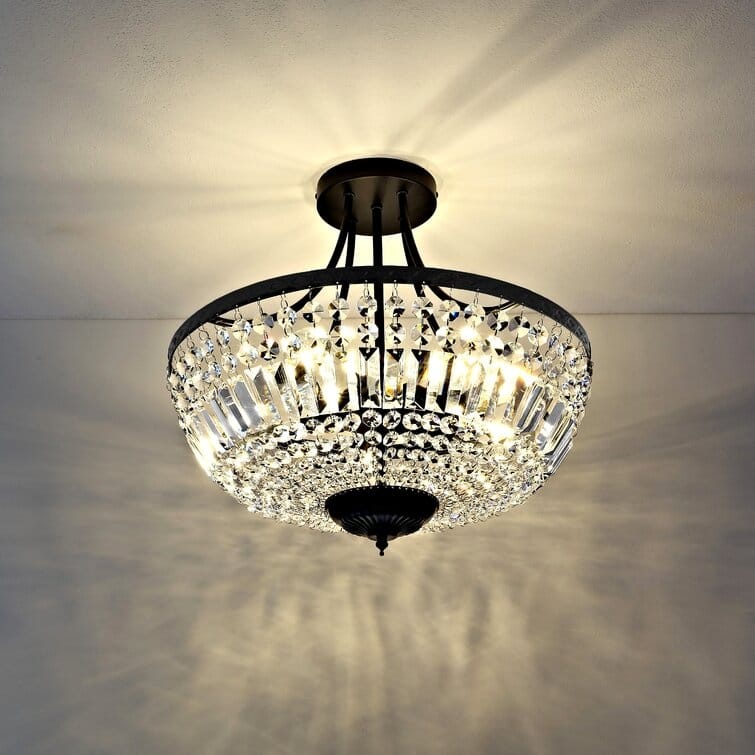 WINGBO 5-Light E26 Round Crystal Ceiling Light Fixture Semi Flush Mount - 19.5" W - Black