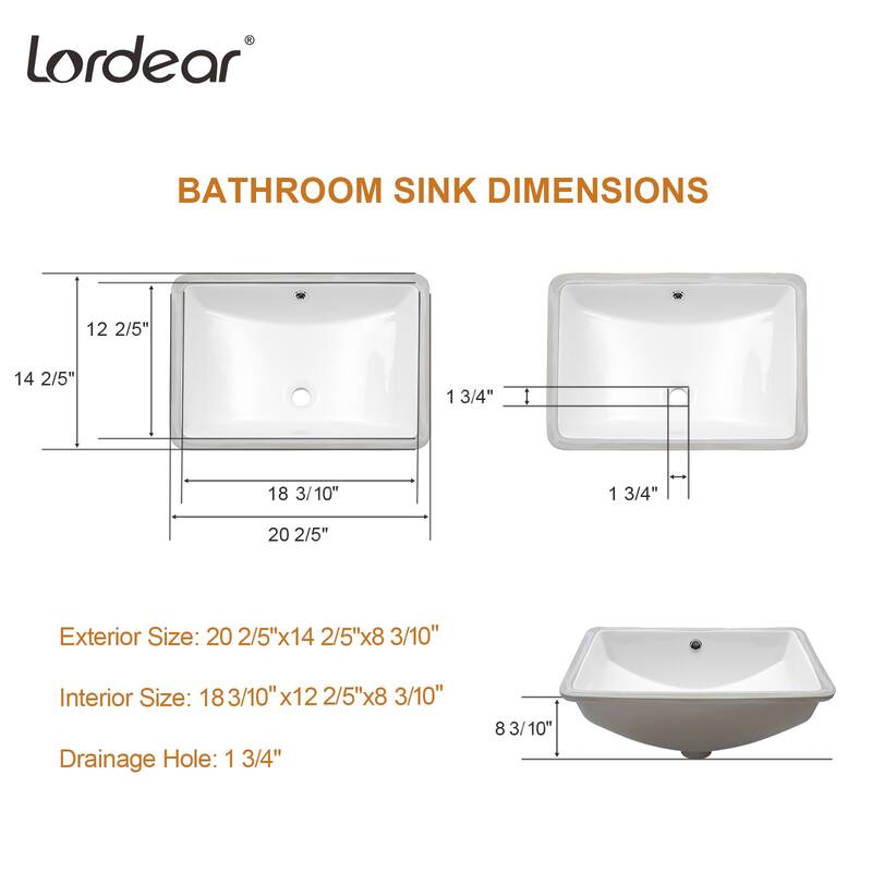 Lordear 21'' Undermount Vessel Sink Rectangle Porcelain Ceramic Lavatory Bathroom Sink (21 Inch)
