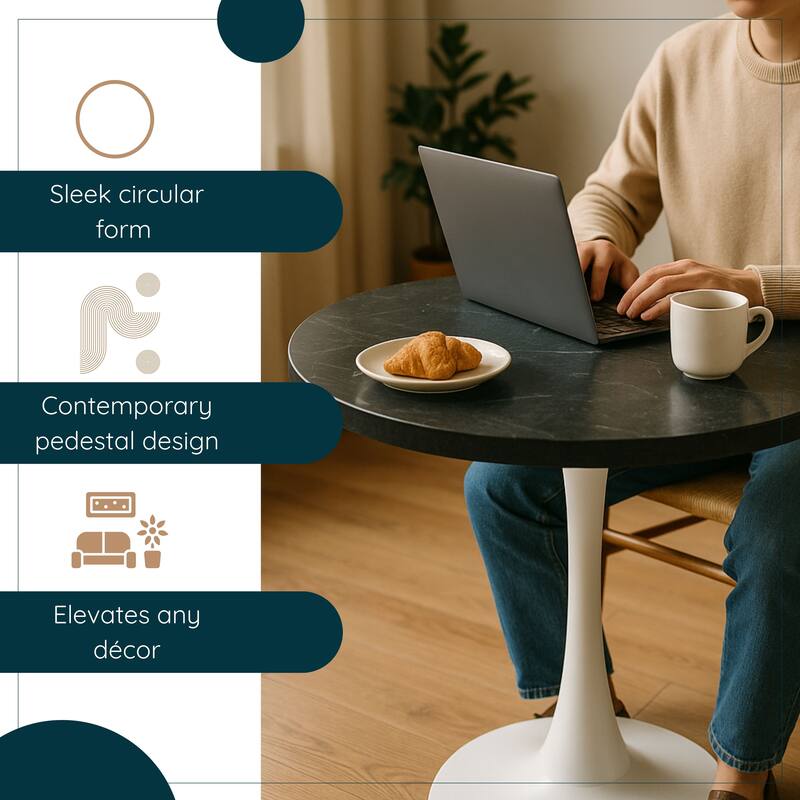 Bristol 27" Round Dining Table with MDF TableTop & White Pedestal Base for Kitchen & Dining Room