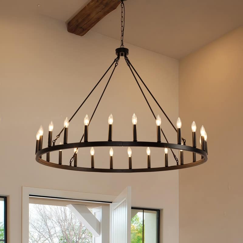 Farmhouse Modern Wagon Wheel Chandeliers Large Black High Ceiling Chandelier