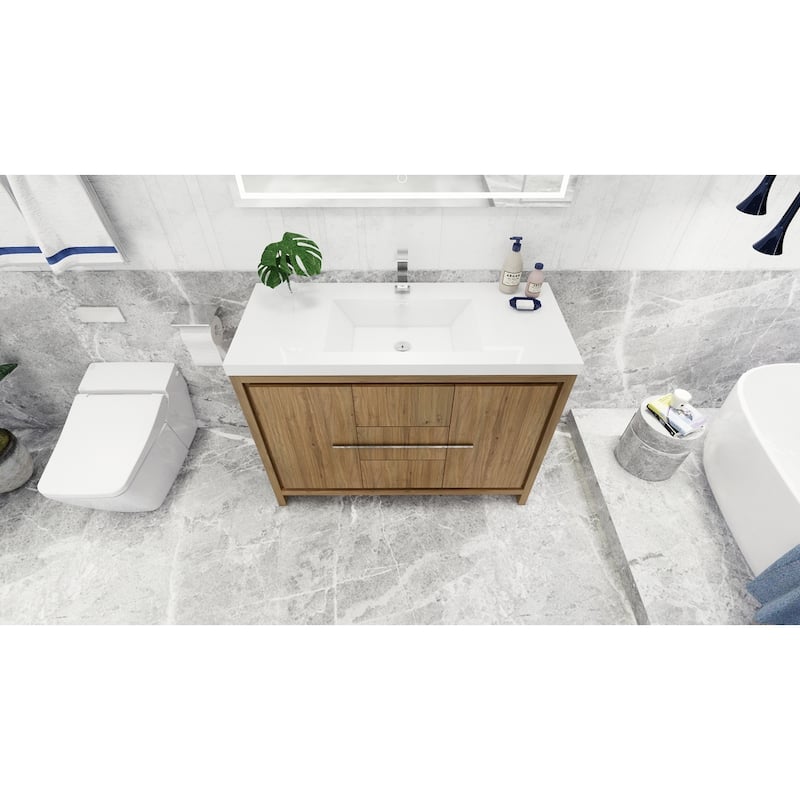 dolce 48 natural oak finish freestanding bath vanity with single basin reinforced acrylic top