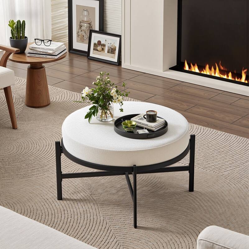 Chenille Fabric Round Ottoman, Coffee Table Bench with Metal Legs