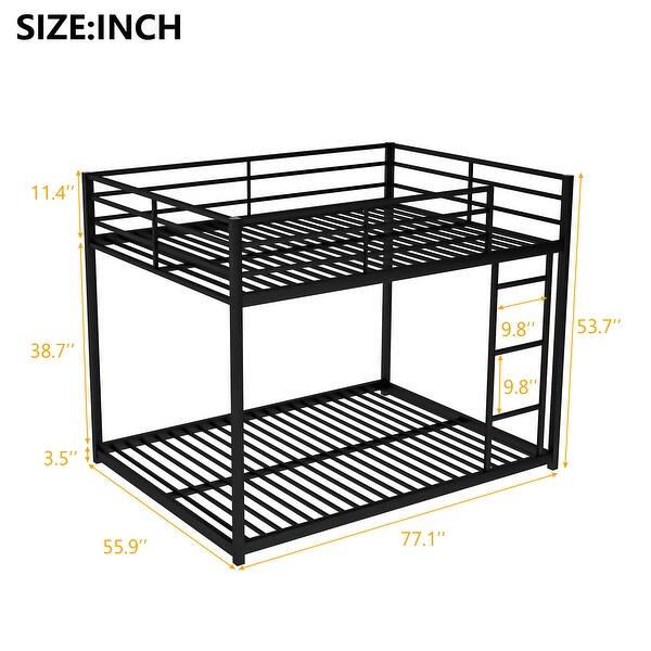 Full over Full Modern Design Metal Bunk Bed, Low Bunk Bed with Ladder, Easy Assembly, Metal Frame Construction, White