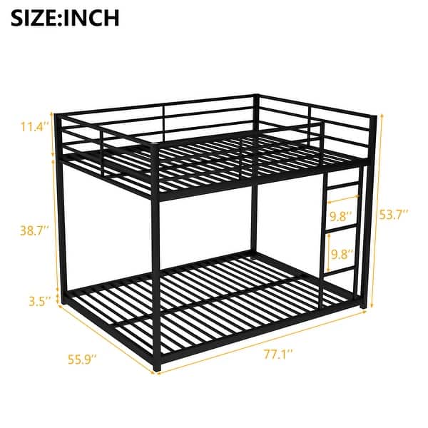 dimension image slide 2 of 3, Full over Full Size Metal Low Bunk Bed with Ladder and Fence for Kids