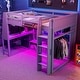 preview thumbnail 15 of 25, Multi-Functional Gaming Loft Bed with Built-in Desk & Storage Cabinets, Wood Bed Frame with LED and a Hanging Clothes Rack Grey - Full