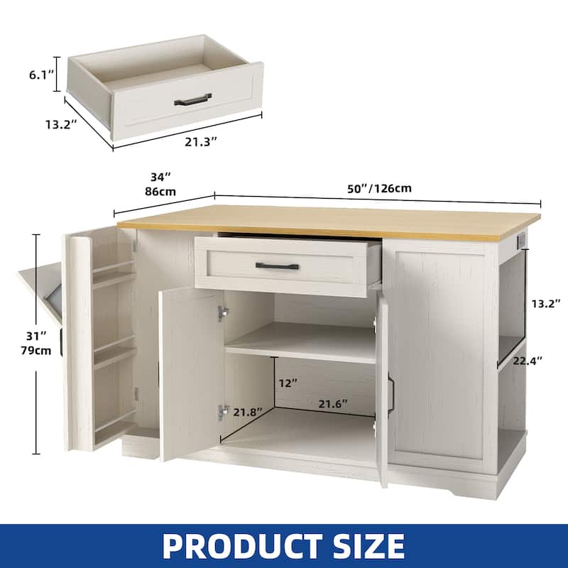 Moasis Rolling Kitchen Island with Trash Can Storage and Power Outlet &Spice Rack