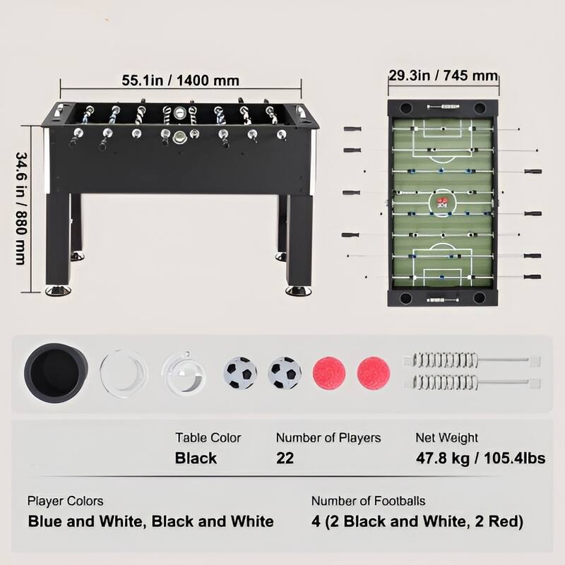 Black MDF Sturdy Foosball Table with Cup Holders and Scorekeeper - 55.1” L x 29.3” W x 34.6” H