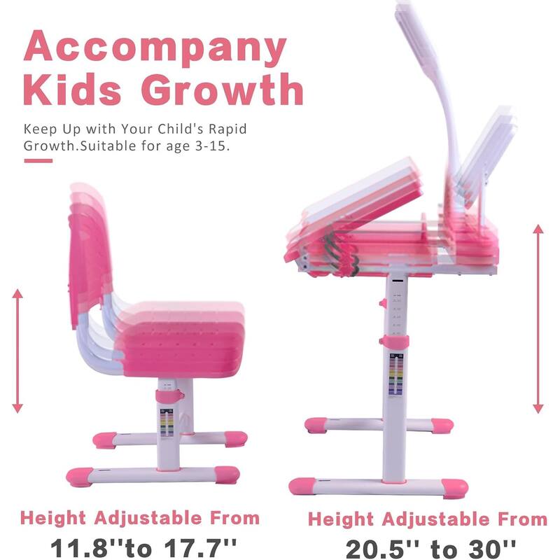 Adjustable Kids Desk and Chair Set with Tilt Desktop LED Lamp Storage Accessories Ergonomic Study - 15.0" x 15.0" x 21.3"-30"