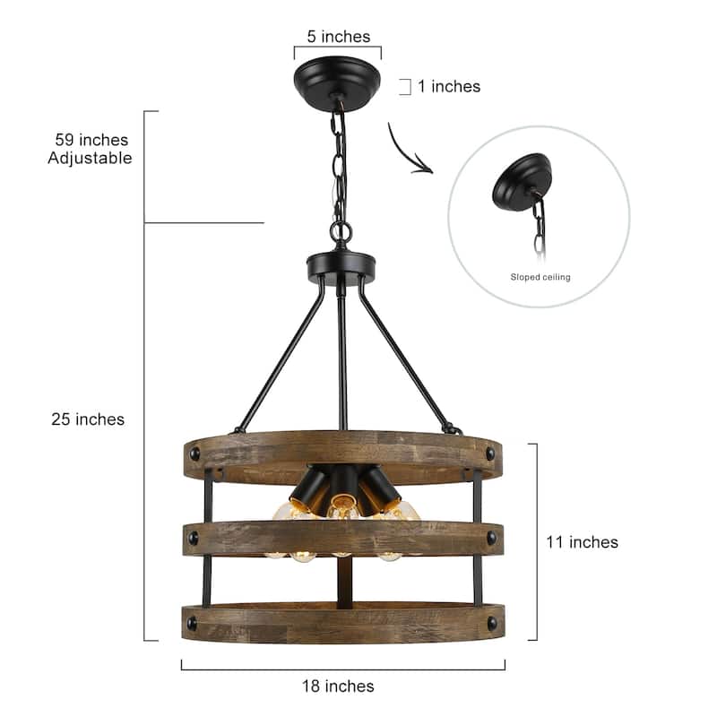 Farmhouse 5-Light Wood Drum Rustic Chandelier for Kitchen Island Dining Room - D 18" x H 25"