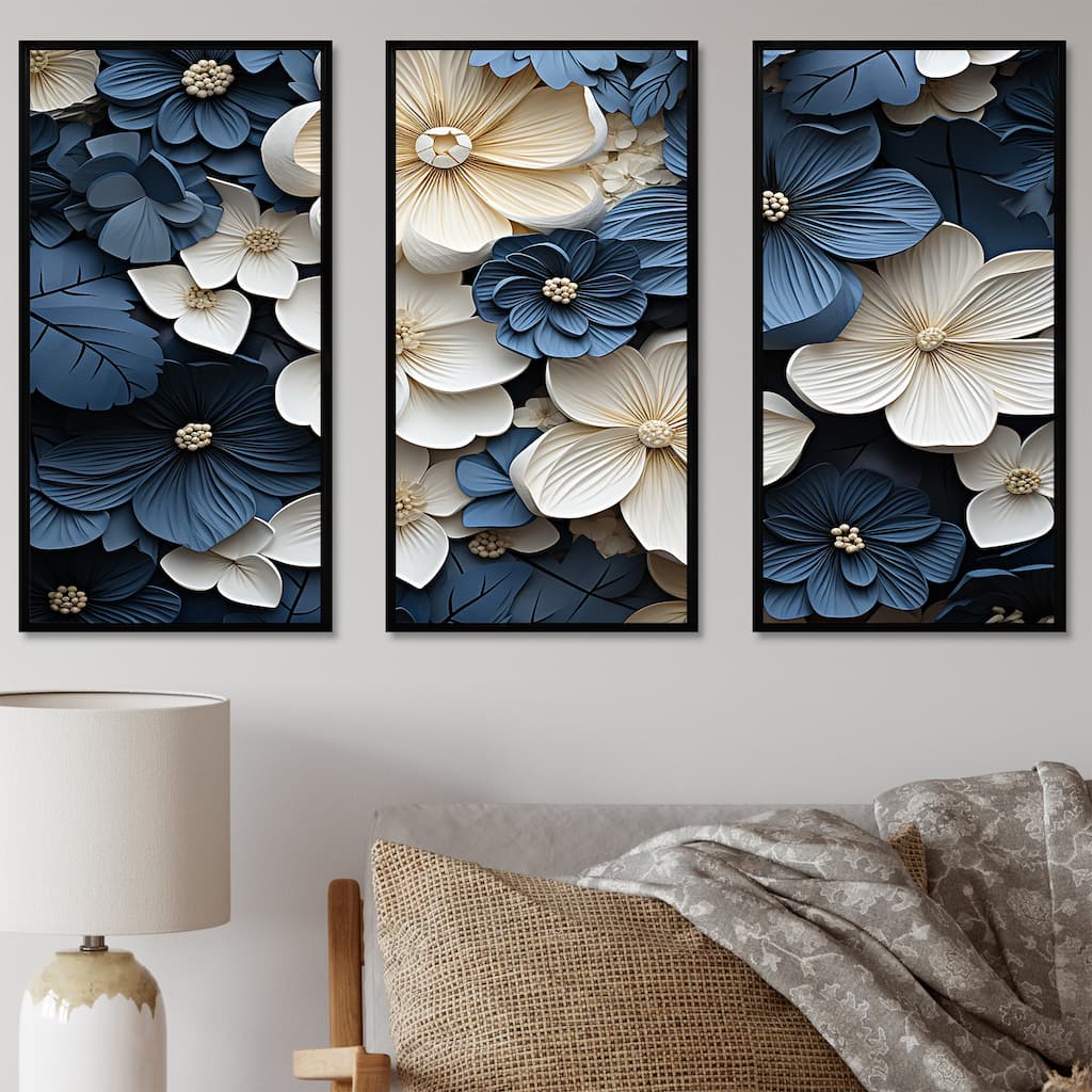 Designart "Blue And White Adorned VIolets" Violets Framed Art Set of 3 Traditional Wall Art Set Blue Wall Decor 3 Pieces