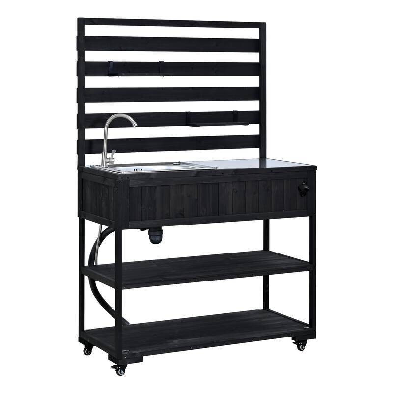 41.7'' Rolling Outdoor Kitchen Island, Solid Wood Kitchen Cart with Sink and Stainless Table Top - Black