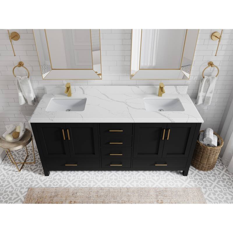 Willow Collection 72 in. W x 22 in. D Malibu Double Sink Bathroom Vanity with Countertop - 1.5" Calacatta Laza - Black