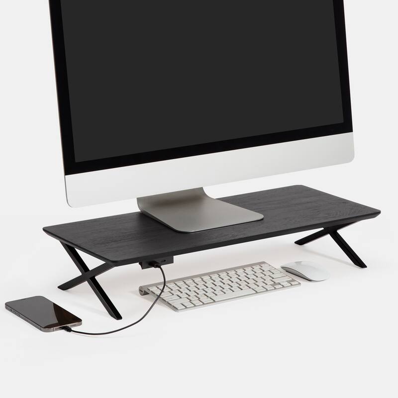 Jani Wood Monitor Stand Riser Desk - Ergonomic Design Stand, Desktop Organizer Table for Home, Office Workspace, Gaming Desk - Black