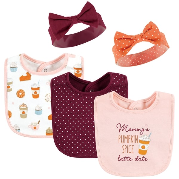slide 1 of 1, Hudson Baby Infant Girl Cotton Bib and Headband or Caps Set, Pumpkin Spice Date, One Size - Pumpkin Spice Date - One Size One Size - Pumpkin Spice Date