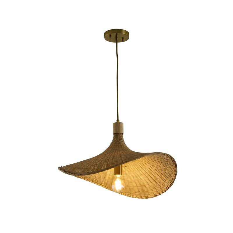 1-Light Brass Iron Pendant With A Nature Rattan Shade