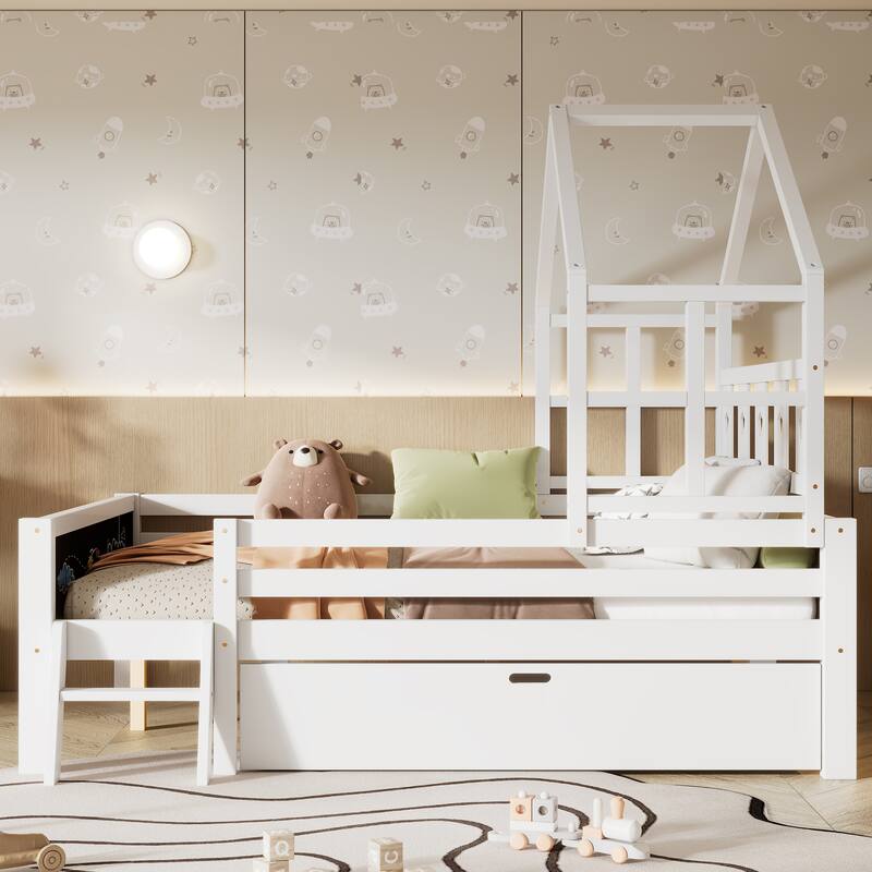 Roomfitters Size House Bed with Ladder and Storage Drawers, Solid Wood Platform Bed Frame with Blackboard Design, White - Full