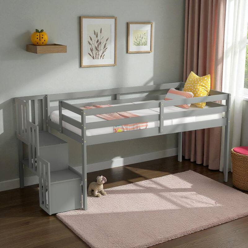 Twin Size Wooden Loft Bed with Staircase and Storage Steps, Solid Pine Frame with Guardrails