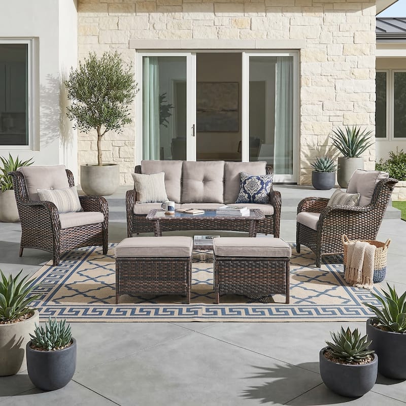 Pocassy Outdoor Patio Wciker Sofa Furniture Set of Chair Table. - Brown Wicker with Beige Cushion - 6-Piece Sofa Wicker Chair Ottoman w/ Table