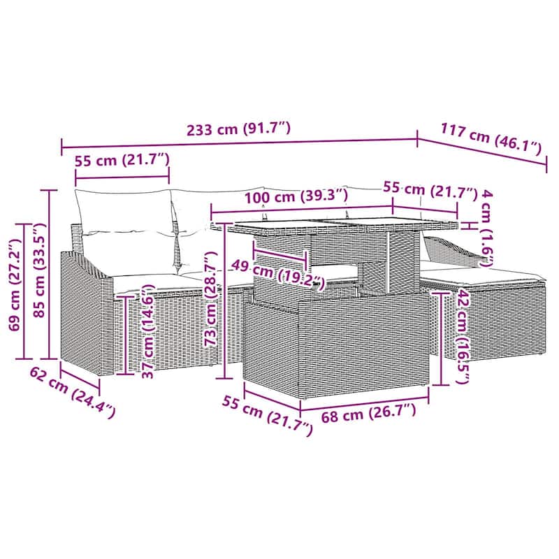 vidaXL 6 Piece Garden Sofa Set with Cushions - 91.7×46.1×27.2