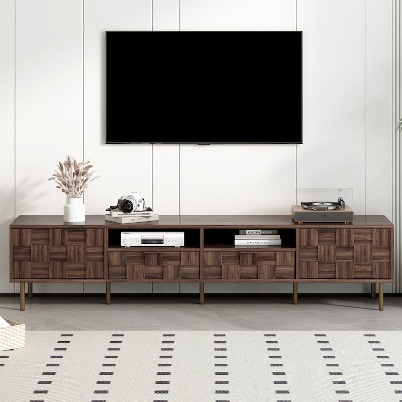 Mid-Century TV Stand with 2 Drawers, Vintage Wood Media Console for TVs up to 85'', Living Room Storage Cabinet w/ Open Shelves