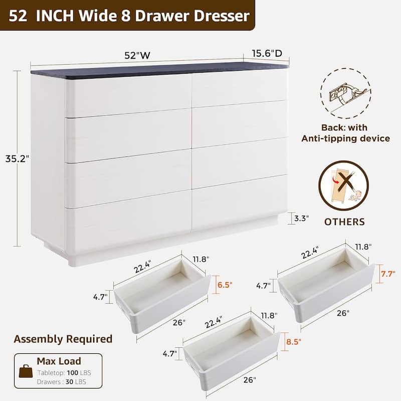 Modern 8 Drawer Dresser for Bedroom, Handle-less Wooden Dressers