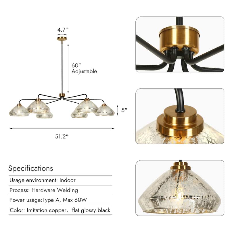 Modern Glam 6-Light Chandelier Bowl-Shape Mercury Glass Chandelier Light Fixture for Dining Room - 51.2" D × 10.2" H