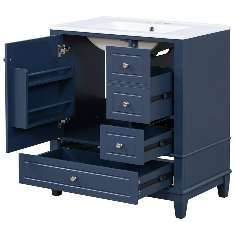 30" Bathroom Vanity with Ceramic Sink, Freestanding Bathroom Vanity Cabinet w/ 3 Storage Drawers, 1 Soft Close Door & Door Shelf