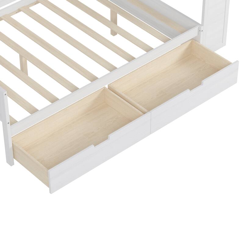 Full Size Wooden Daybed Platform Bed with Recessed Desk Storage Shelves and 2 Drawers Under Bed for Compact Spaces, Bedroom