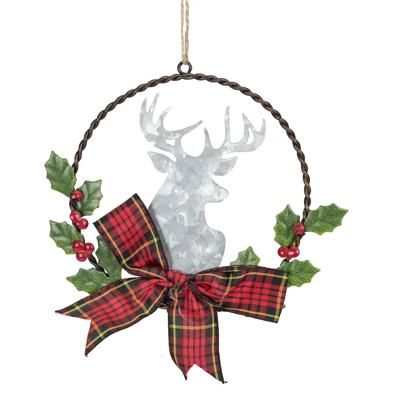 5.5" Wreath and Galvanized Moose Christmas Ornament with Plaid Bow