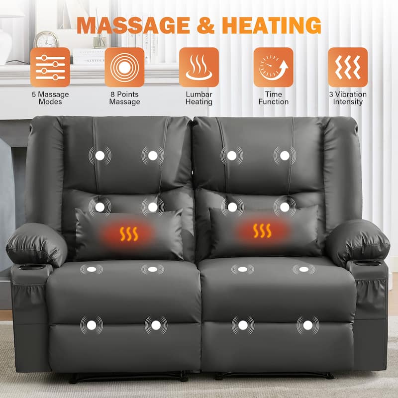 Manual Recliner Loveseat with Massage & Heating, Cup Holders & Side Pocket for Living Room