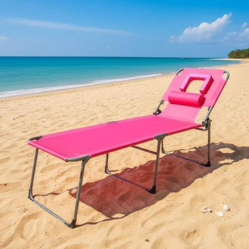 Tanning Chair with Face Hole, Folding Beach Lounge Chair for Outdoor Backyard Poolside,Beach, Patio - Pink