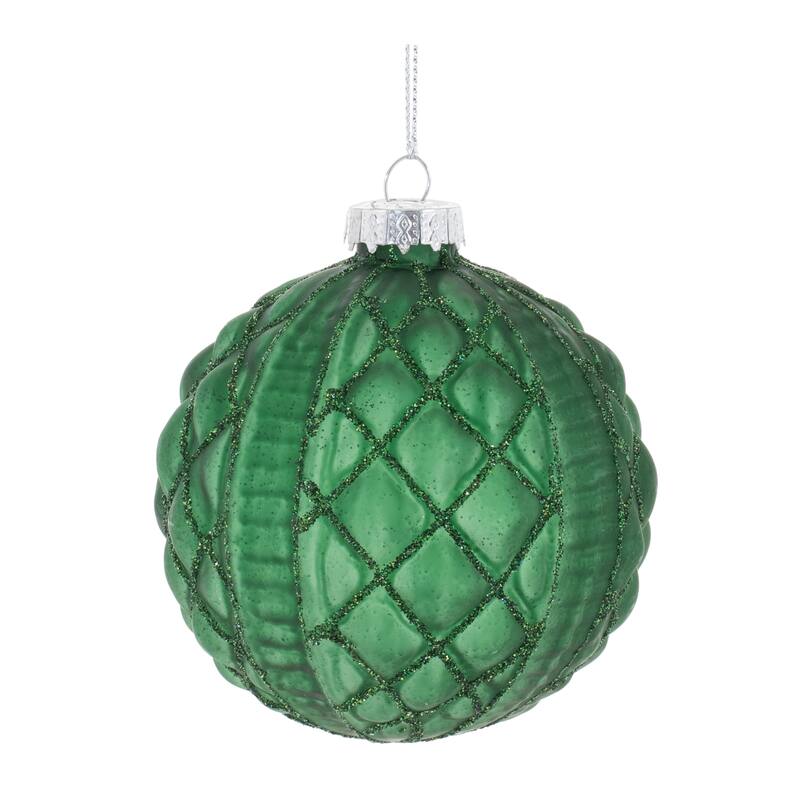 Green Glass Frosted Geometric Ball Ornaments Set of 12 with Glittered Finish - 3” x 3” x 3” (L x W x H)