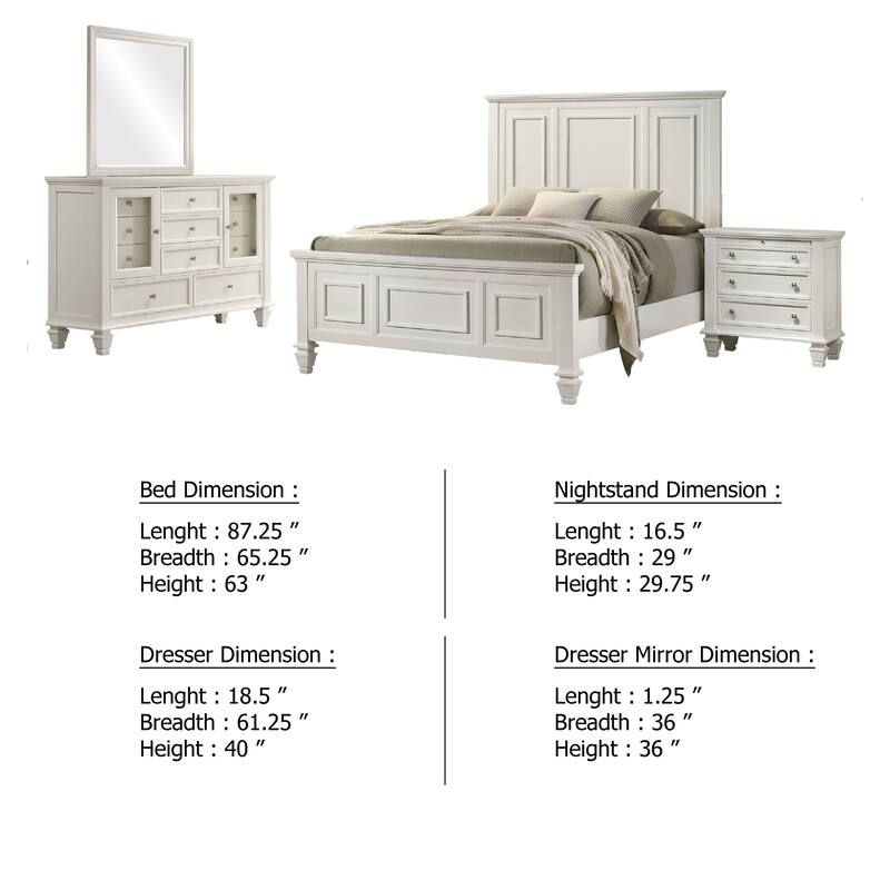 Lila 4 Piece Queen Bed Set, White Wood Panel Headboard, Vanity Dresser