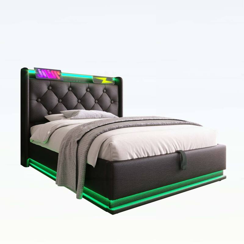 Classic Upholstered Bed with 360 LED Lighting,Hydraulic Storage,and USB Charging