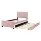 preview thumbnail 26 of 31, Twin Size Platform Bed with Trundle Bed, Velvet Upholstered Bed Frame with Headboard and Footboard No Box Spring Needed