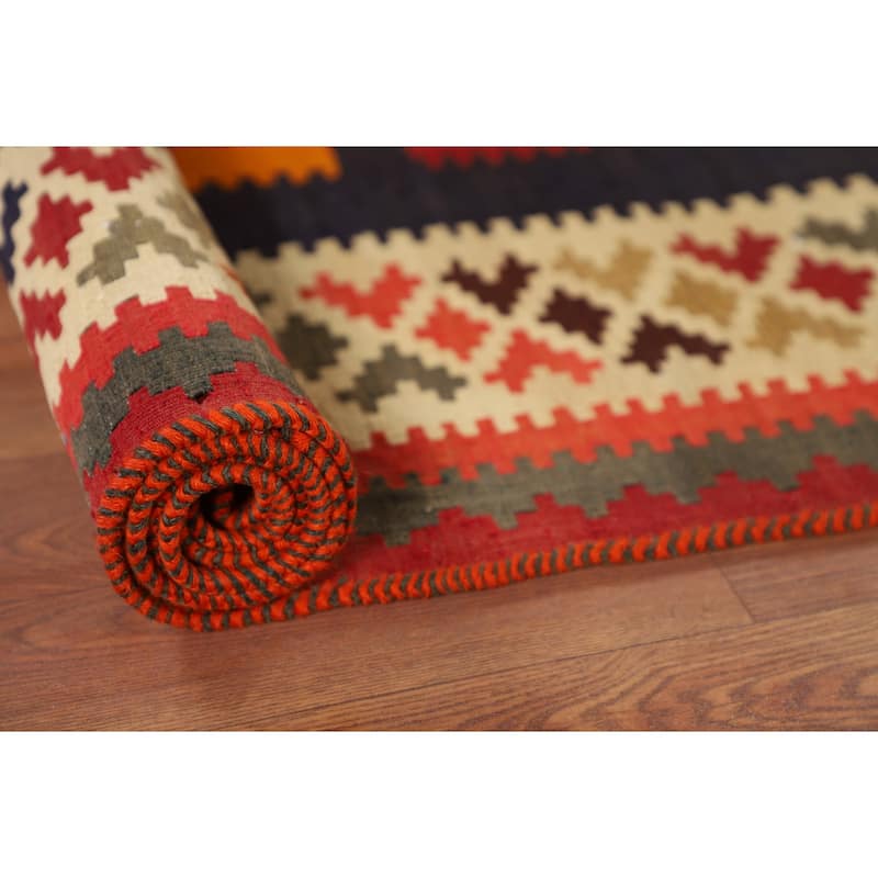 Blue Kilim Qashqai Persian Vintage Area Rug Hand-Woven Wool Carpet - 4'7"x 8'8"