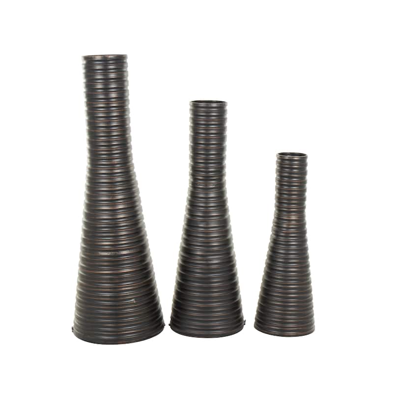 Metal Ribbed Tall Cone Floor Vase with Horizontal Grooves - Set of 3 Bronze - Roche River Decor - 18"W x 18"L x 56"H