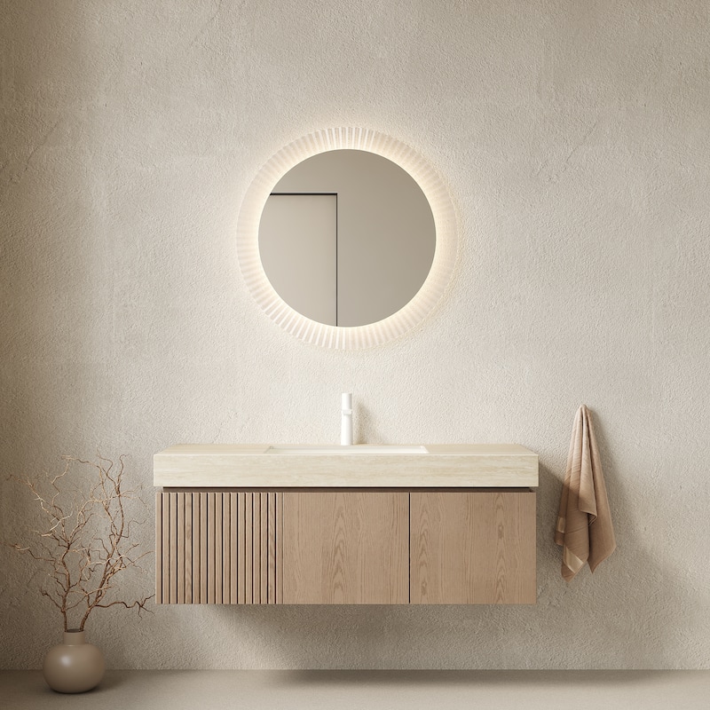 Floating Bathroom Vanity with Sintered Stone Top and Undermount Ceramic Basin - 47.64'' x 18.9'' x 17.72'' - Light Brown and Beige