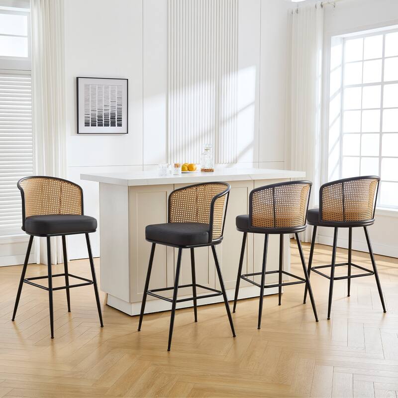 26"/29" Rattan Upholstered Bar Stool /Counter Stools Set of 2/3/4 - Set of 4 - PU-Black - Bar Height