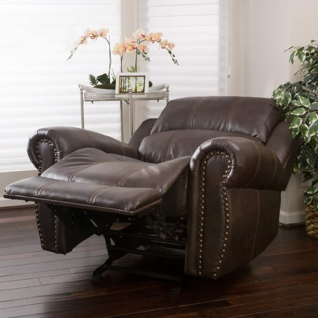 Roomfitters 43 Inch Wide Faux Leather Manual Glider Recliner Chair, Brown