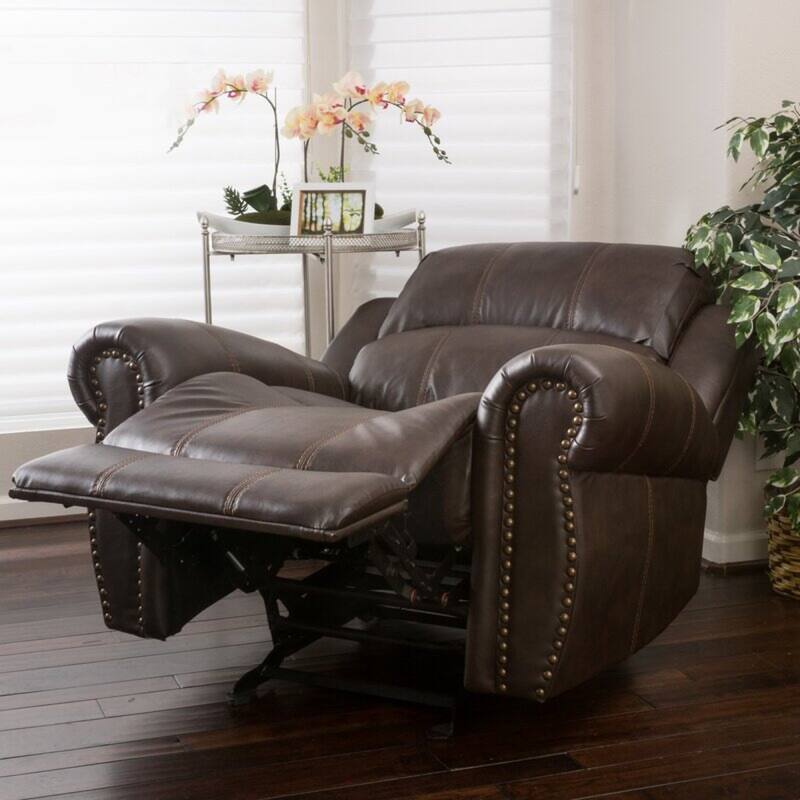 Roomfitters 43 Inch Wide Faux Leather Manual Glider Recliner Chair, Brown