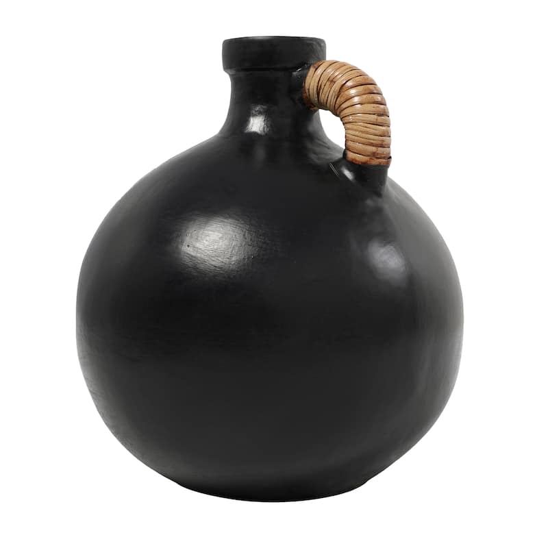 Black Ceramic Jug Inspired Vase with Rattan Wrapped Handle