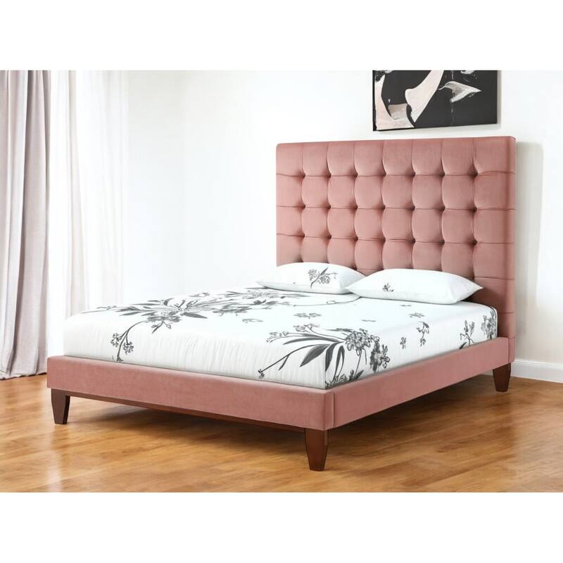 Blush Solid Wood Queen Tufted Upholstered Velvet Bed