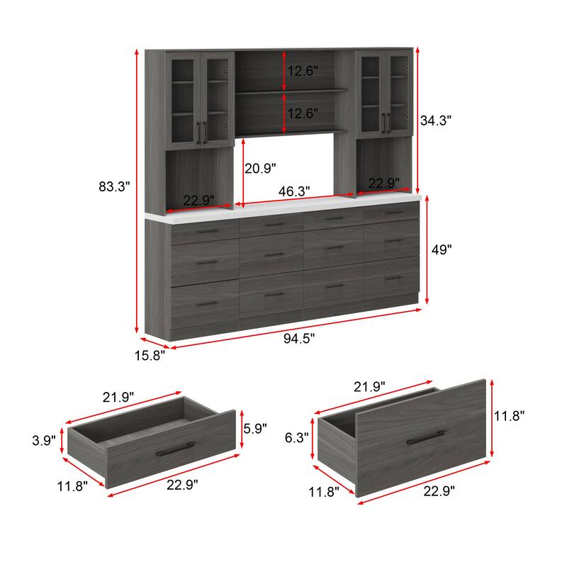 Panrty Storage Cabinet w/Glass Display Hutch Buffet Drawers Sideboard