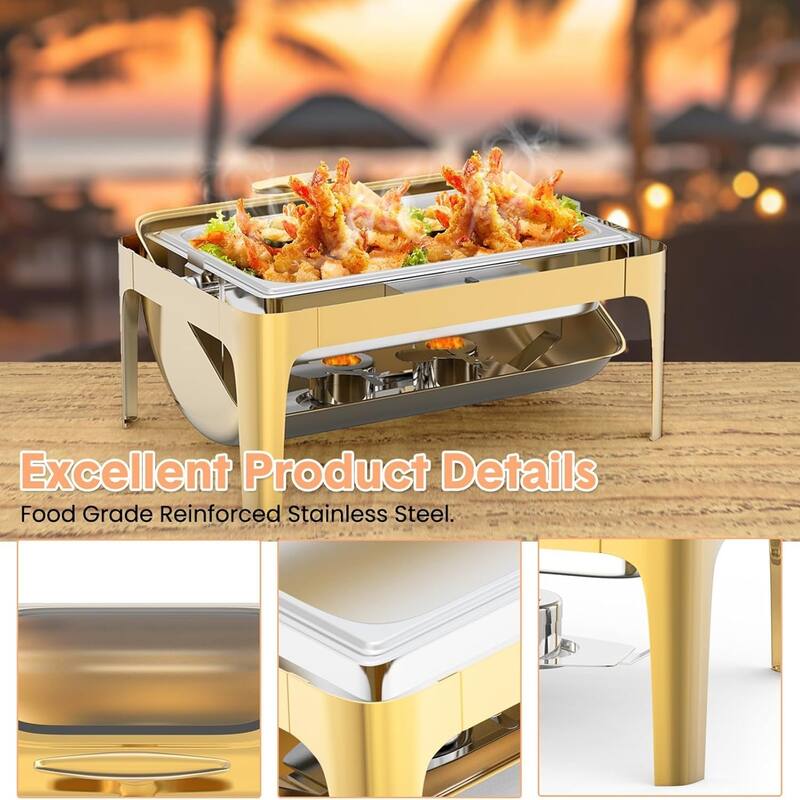 9QT Roll Top Chafing Dish for Buffet Retangle Food Warmer Server with Visible Lid Water Pan Stand Fuel Holder Clip - 9L
