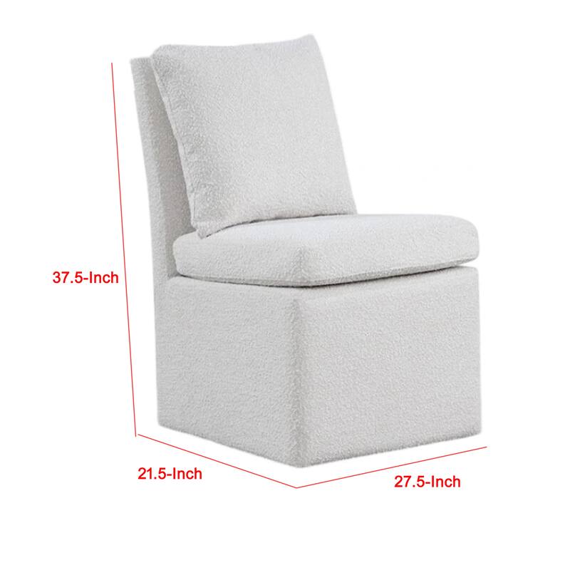 Ager Side Dining Chair with 6 Caster Wheels, Barrel Style, White Boucle