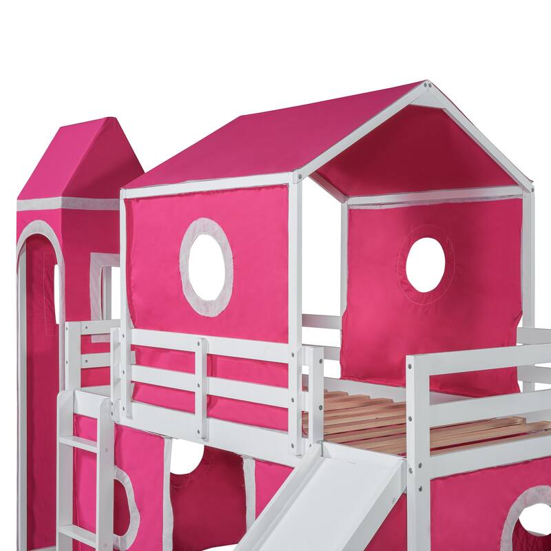 Twin/Full Size Wooden Playhouse Loft Bed with Tent and Tower, Solid Pinewood Low Loftbed Frame with Slide and Ladder
